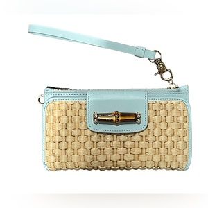 SPARTINA 449 Teal Leather & Woven Cyprus Papyrus Bamboo Wallet Wristlet Clutch